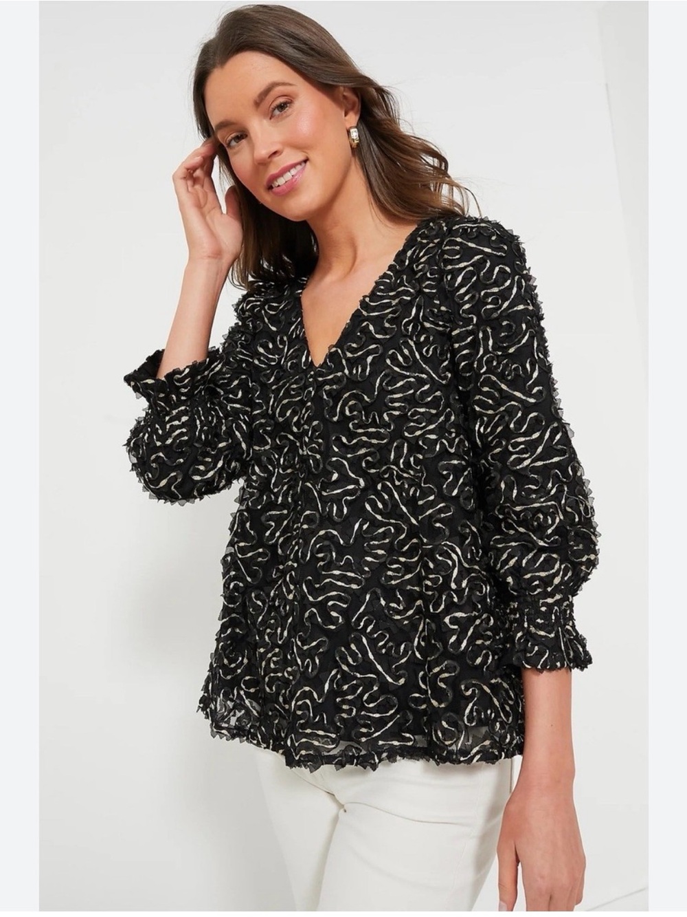 TUCKERNUCK Nightly Organza Easton Blouse Long Sleeve Shirt Size S Black Gold